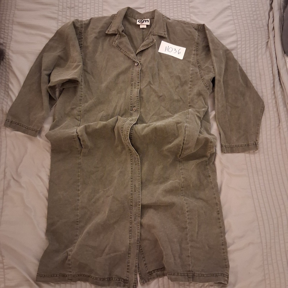 Vintage EJM Enyce Denim Shirt Dress Womens 14 Olive Green Button Front Midi 90s